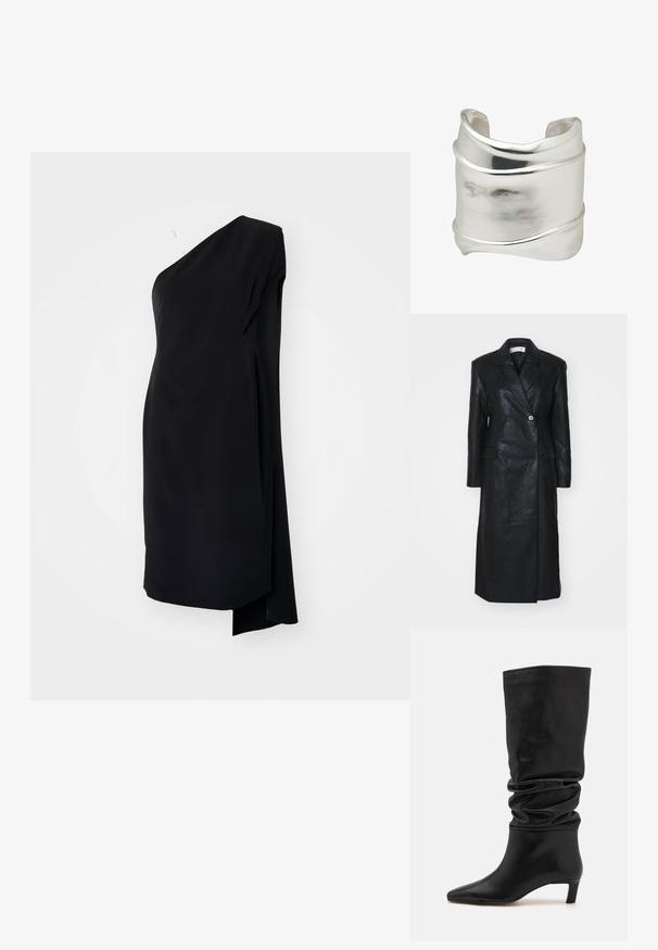 Schwarze Lederjacke mit doppeltreihigem Design, Reverskragen, Fronttaschen und einer glatten Textur. Vollständig in Länge und mit gerader Silhouette.; Schwarzes asymmetrisches Kleid mit einem Schulterträger, aus glattem Stoff, mit drapierter Gestaltung und seitlichem Schlitz für zusätzliche Details.; Schwarze kniehohe Stiefel aus glattem Leder mit einem lässigen Design, spitzem Zehenbereich und einem niedrigen, gestapelten Absatz.; Breites silbernes Manschettenarmband mit glatter, polierter Oberfläche und dezenten geschwungenen Linien, die den Körper umschließen.