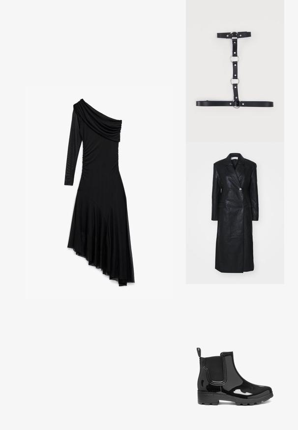 Sort læderfrakke med dobbelt-knappet design, Nashville krave, for-lommer og en glat tekstur. Hel længde med en lige silhuet.; Sort asymmetrisk kjole med en lang gennemsigtig ærme, off-shoulder draperet udskæring, rynkede sider og ujævn kant med mesh-detaljer.; Sorte glansfulde ankelstøvler med elastiske sidepaneler, rund tå og en struktureret gummisål. Designet har en trækflap bagpå.; Sort sele i kunstlæder med sølvfarvede metalkrøller og nitter, med justerbare stropper arrangeret i et lodret og vandret mønster.