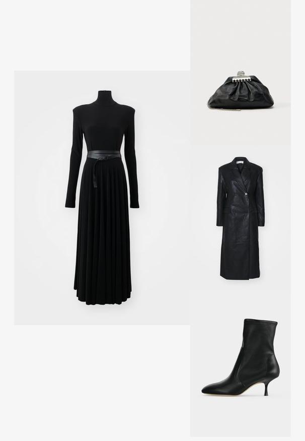 Zwarte leren jas met een dubbele knopenontwerp, ingerichte revers, voorkleurzakken en een soepele textuur. Volledige lengte met een rechte silhouet.; Norma Kamali SHOULDER PAD TURTLE FLARED DRESS TO MIDCALF - Jerseyjurk - black; Zwarte leren enkellaars met spitse neus en smalle hak van middelhoge hoogte, zijaanzicht op een lichte achtergrond.; Zwarte leren clutch met geplooid ontwerp, zilveren sluiting en kettingriem. Subtiele merkopdruk aan de voorkant.