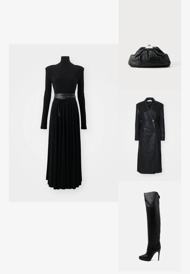 Abrigo de cuero negro con diseño de doble botonadura, solapas muescas, bolsillos frontales y una textura suave. De longitud completa y con una silueta recta.; Norma Kamali SHOULDER PAD TURTLE FLARED DRESS TO MIDCALF - Vestido ligero - black; Bota de cuero negra hasta la rodilla con puntera puntiaguda y tacón alto de aguja sobre fondo blanco.; Bolso de mano de cuero negro con textura recogida, cierre de broche metálico y logo en relieve sutil en el frente. Forma redondeada.