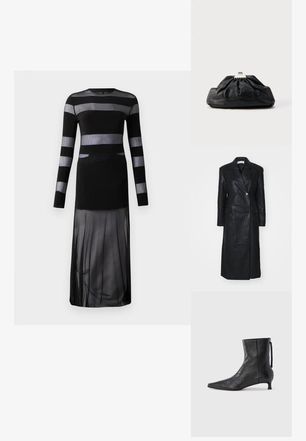 Zwarte leren jas met een dubbele knopenontwerp, ingerichte revers, voorkleurzakken en een soepele textuur. Volledige lengte met een rechte silhouet.; Zwart lang mouwend dress met doorschijnende horizontale strepen, een aansluitend lijfje en een vloeiende doorschijnende rok met een splitontwerp. Lichtgewicht stof.; Zwarte leren enkellaars met een puntige neus, gestructureerde vorm en een lage hak. Voorzien van een zijrits en een minimalistisch ontwerp.; Zwarte leren clutch met een geplooide textuur, metalen sluiting en een subtiel geperst logo aan de voorkant. Afgeronde vorm.
