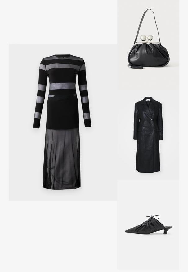Manteau en cuir noir avec un design croisé, des revers crantés, des poches avant et une texture lisse. Longueur complète avec une silhouette droite.; Robe noire à manches longues avec des rayures horizontales transparentes, un corsage ajusté et une jupe fluide en voile avec un design fendu. Tissu léger.; Mules noirs en cuir à enfiler avec un bout pointu, une texture froncée et un petit talon aiguille. Présente un détail à cordon au niveau de l'ouverture.; Sac à main en cuir noir avec un design plissé, une sangle unique, un cadre métallique argenté et deux grandes fermoirs ronds en argent.