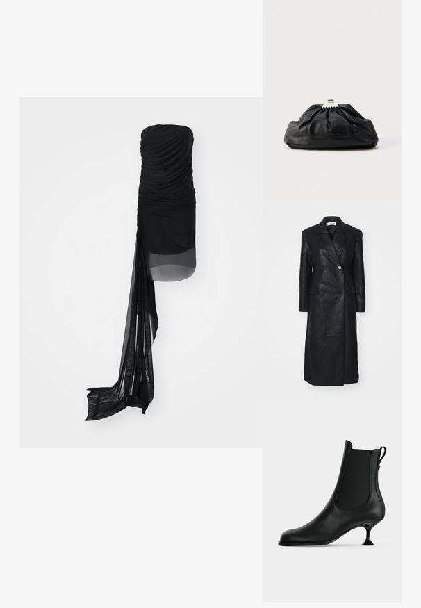 Schwarze Lederjacke mit doppeltreihigem Design, Reverskragen, Fronttaschen und einer glatten Textur. Vollständig in Länge und mit gerader Silhouette.; Schwarzes, ärmelloses Kleid aus gerafftem Stoff, mit einem transparenten Überzug und einem verlängerten, fließenden Besatz auf einer Seite. Glatte Textur im gesamten Kleid.; Schwarzer Leder-Stiefelette mit spitz zulaufender Zehenpartie, elastischen Seitenteilen und einem schlanken, ausgestellten Kitten-Heel auf einfachem hellem Hintergrund.; Schwarze Leder-Clutch mit geraffter Textur, Metallverschluss und dezentem, auf der Vorderseite geprägtem Logo. Abgerundete Form.