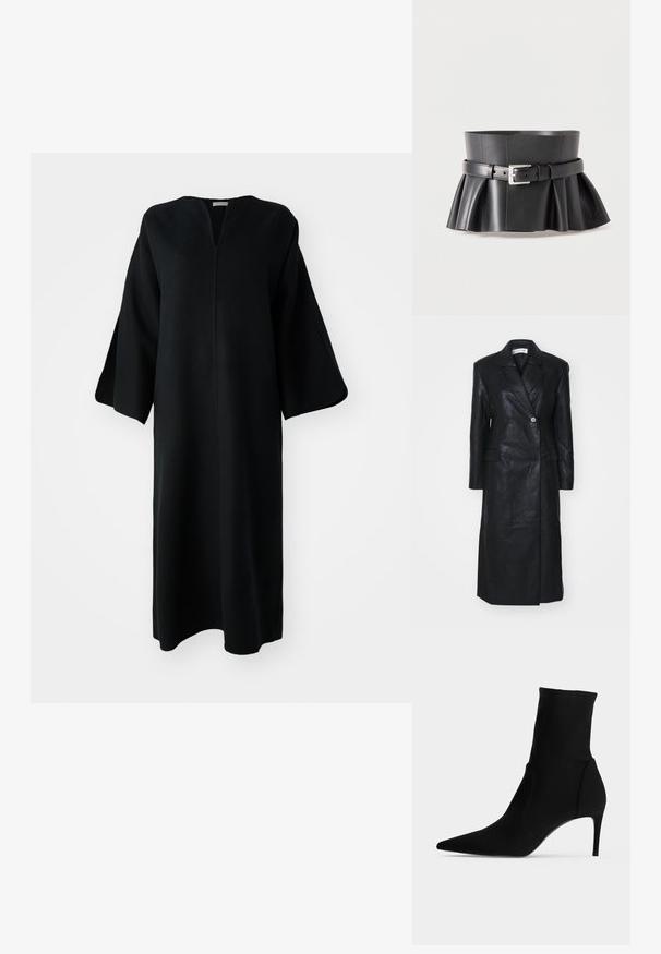 Manteau en cuir noir avec un design croisé, des revers crantés, des poches avant et une texture lisse. Longueur complète avec une silhouette droite.; Robe noire longue avec des manches larges et un décolleté en V, présentée sur un fond blanc.; Bottine noire à bout pointu et talon haut et fin, présentée de profil sur fond clair. Design épuré et minimaliste.; Ceinture corset de taille en cuir noir avec une boucle argentée et un bord inférieur évasé et plissé.
