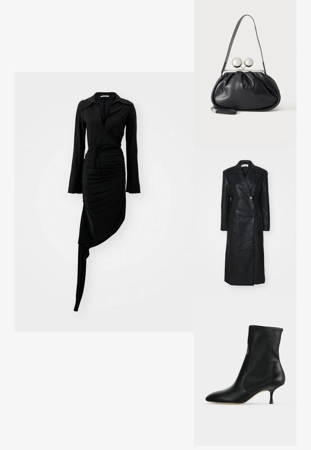 Manteau en cuir noir avec un design croisé, des revers crantés, des poches avant et une texture lisse. Longueur complète avec une silhouette droite.; Robe noire à manches longues avec un design drapé, texture plissée et ourlet asymétrique. Présente un col et un noeud à la taille. Tissu lisse.; Bottine en cuir noir avec bout pointu et talon fin de hauteur moyenne, vue de profil sur fond clair.; Sac à main en cuir noir avec un design plissé, une sangle unique, un cadre métallique argenté et deux grandes fermoirs ronds en argent.