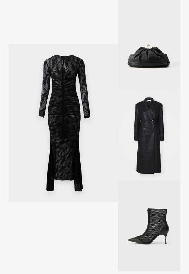 Manteau en cuir noir avec un design croisé, des revers crantés, des poches avant et une texture lisse. Longueur complète avec une silhouette droite.; Robe noire à manches longues avec une silhouette ajustée, tissu froncé et superposition de dentelle floral. Comprend une fente en bas pour un détail supplémentaire.; Bottines noires avec un bout pointu, des côtés en maille, un contrefort en cuir et un talon aiguille fin avec un détail métallique géométrique.; Pochette en cuir noir avec une texture plissée, fermeture à fermoir métallique, et logo embossé discret sur le devant. Forme arrondie.