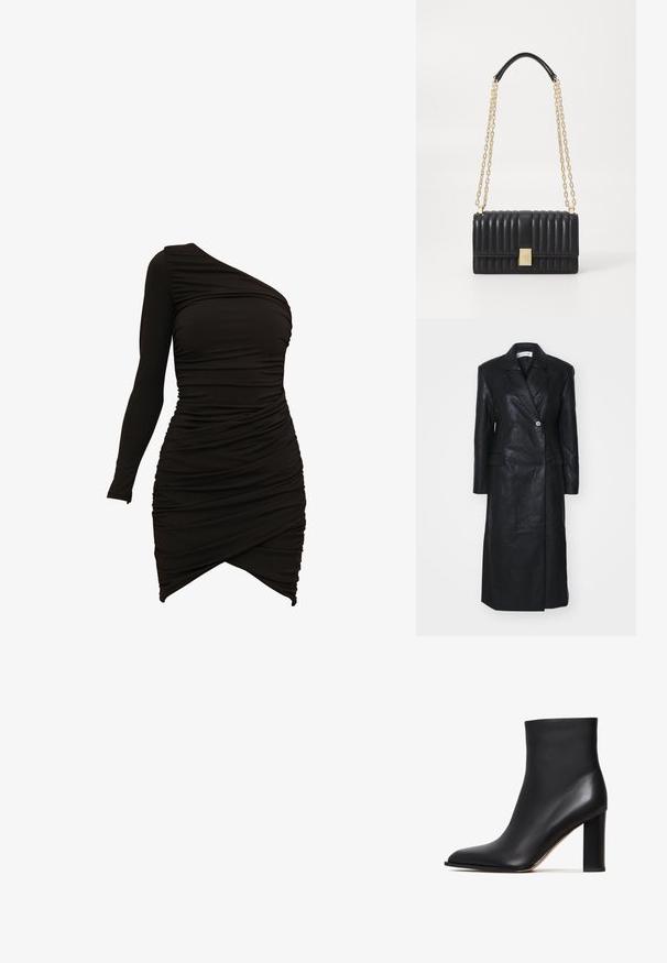 Manteau en cuir noir avec un design croisé, des revers crantés, des poches avant et une texture lisse. Longueur complète avec une silhouette droite.; Robe noire à une épaule en matériau extensible, dotée de détails froncés et d'un ourlet asymétrique pour une silhouette ajustée.; Botte de cheville noire en cuir texturé, avec un bout pointu et un talon cylindrique chunky. Fini lisse avec un design épuré.; Sac à main en cuir noir avec design matelassé, chaîne dorée et bandoulière en cuir, forme rectangulaire, avec un détail de fermoir métallique.