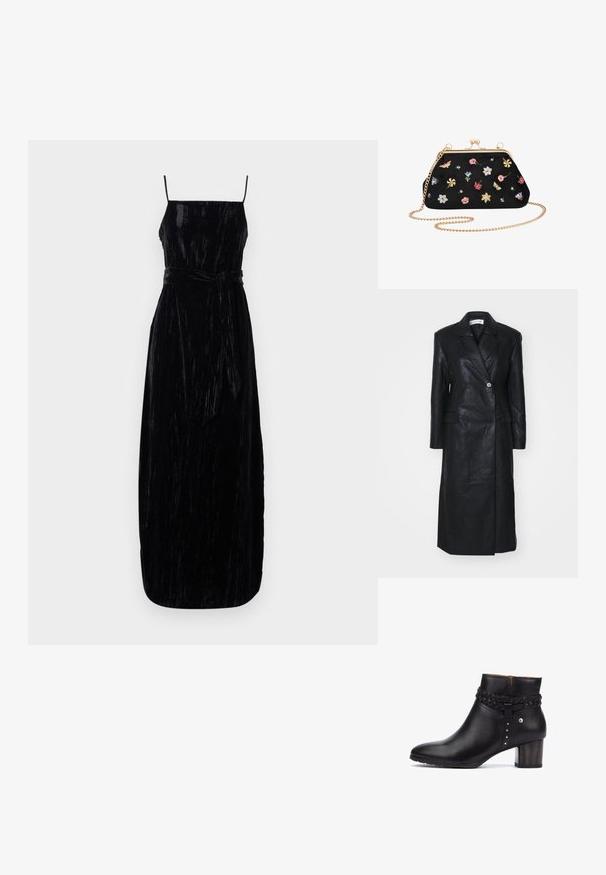 Sort læderfrakke med dobbelt-knappet design, Nashville krave, for-lommer og en glat tekstur. Hel længde med en lige silhuet.; Sort velour maxi kjole med spaghetti stropper, en tætsiddende bodice og et matchende bindebælte i taljen. Teksturér stof med en let glans.; Pikolinos CALAFAT - Ankelstøvler - black; Sort ruskind clutch taske med guldfarvet metalramme, kædestrop og farverig blomster- og sommerfuglebroderi, der pryder overfladen.