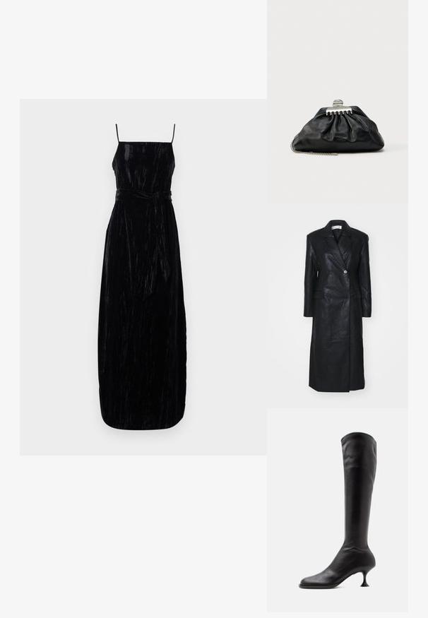 Abrigo de cuero negro con diseño de doble botonadura, solapas muescas, bolsillos frontales y una textura suave. De longitud completa y con una silueta recta.; Vestido maxi de terciopelo negro con tirantes finos, un cuerpo ceñido y un cinturón a juego en la cintura. Tejido texturizado con un ligero brillo.; Bota negra de cuero hasta la rodilla con punta redondeada y tacón medio delgado y curvado sobre un fondo blanco.; Bolso de mano de cuero negro con diseño fruncido, cierre de herrajes plateados y correa de cadena. Marca sutil grabada en relieve en la parte delantera.