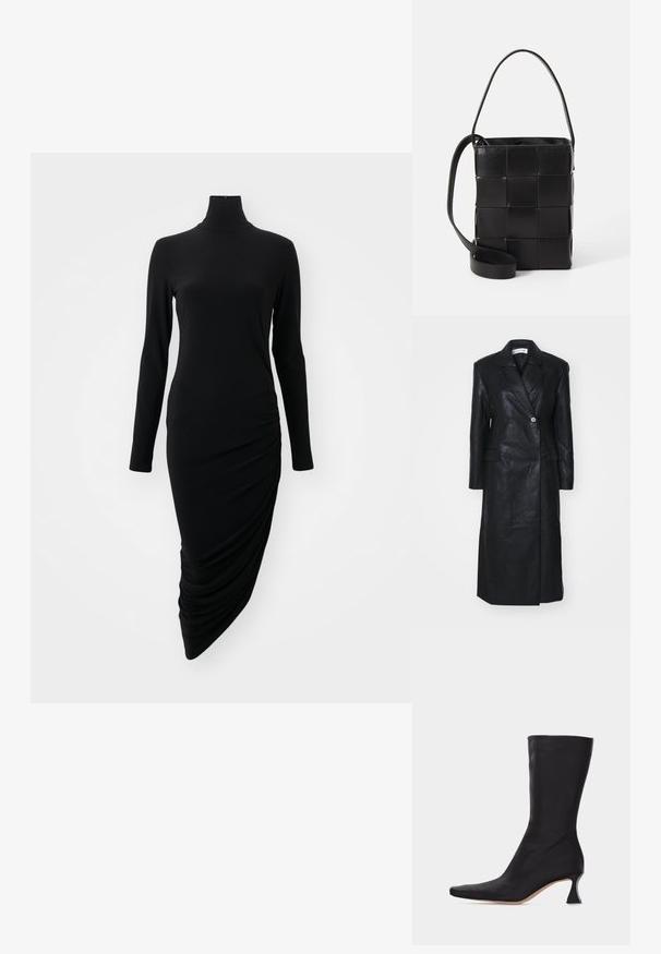 Must must nahkvarustus kahekordse nööpimisega, lõikega krae, esikottide ja siledaga tekstuuriga. Täispikk ja sirge siluetiga.; Must mustriga mustard dress kõrge kaelusega, millel on ühel küljel riku disain, valmistatud siledast, venivast kangast.; Mustad nahast keskvarba saabas terava varba ja kõvera madala kontsaga, taustal hele ühevärviline pind.; Must mustast kotisari mustaga nahast kott, millel on kootud muster. Ristkülikukujuline, lühikese käepideme ja reguleeritava rihmaga. Sile tekstuur ja matta viimistlus.