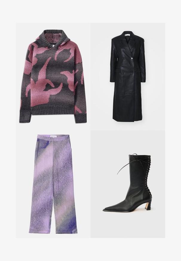 Manteau en cuir noir avec un design croisé, des revers crantés, des poches avant et une texture lisse. Longueur complète avec une silhouette droite.; Pull en laine avec une capuche, mélange de couleurs grises et roses, avec un motif de formes abstraites. Poignets et ourlet côtelés.; Pantalons à jambe large en tissu léger, avec un motif dégradé de violet et de lavande avec une texture subtile. Taille fermée par un bouton.; Bottine noire en cuir avec bout pointu, talon fin, détail à lacets à l'arrière et œillets métalliques. Texture lisse avec un design élégant.