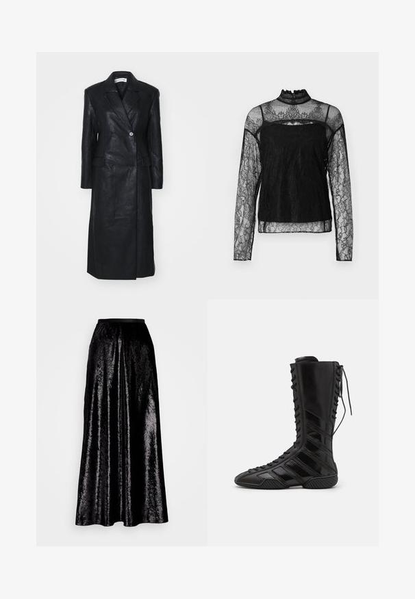 Abrigo de cuero negro con diseño de doble botonadura, solapas muescas, bolsillos frontales y una textura suave. De longitud completa y con una silueta recta.; Top de encaje negro de manga larga con cuello alto, patrón floral intrincado, tejido transparente y panel sólido en la zona del pecho.; Falda midi negra hecha de un tejido brillante y texturizado. Cuenta con una cinturilla elástica y un diseño fluido, con un sutil brillo en toda su extensión.; Botas altas negras de material sintético brillante, con un intrincado diseño de cordones y acentos de rayas diagonales en los costados.
