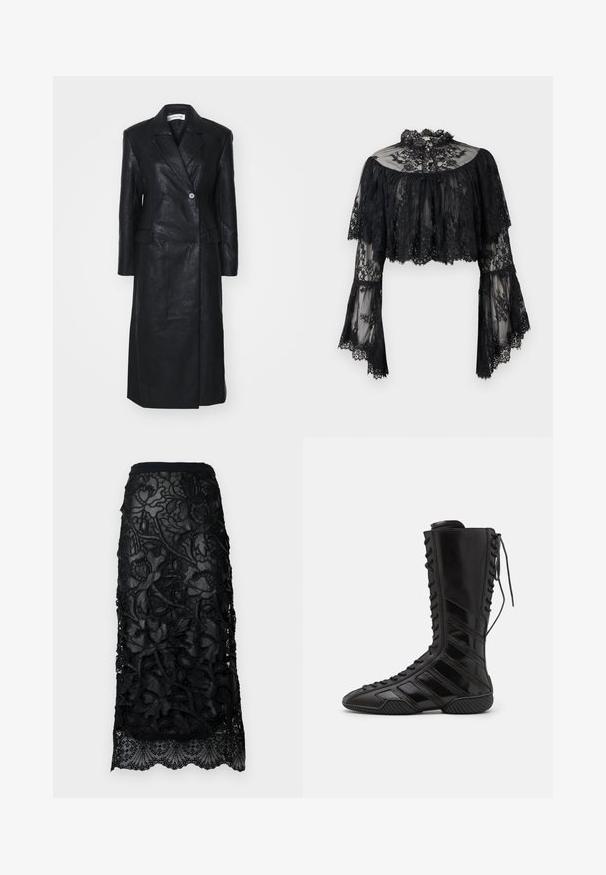Sort læderfrakke med dobbelt-knappet design, Nashville krave, for-lommer og en glat tekstur. Hel længde med en lige silhuet.; Sort blonde crop-bluse med flagrende lange ærmer, høj flæset halsudskæring og blomstermønster på gennemsigtigt stof.; Sort blonde nederdel med intrikate blomsterbroderier, et taljeret liv og en scallopkant. Gennemsigtig overlay med tekstureret detaljering.; Sorte høje støvler lavet af skinnende syntetisk materiale, med et komplikere snøredesign og diagonale stribe-detaljer på siderne.