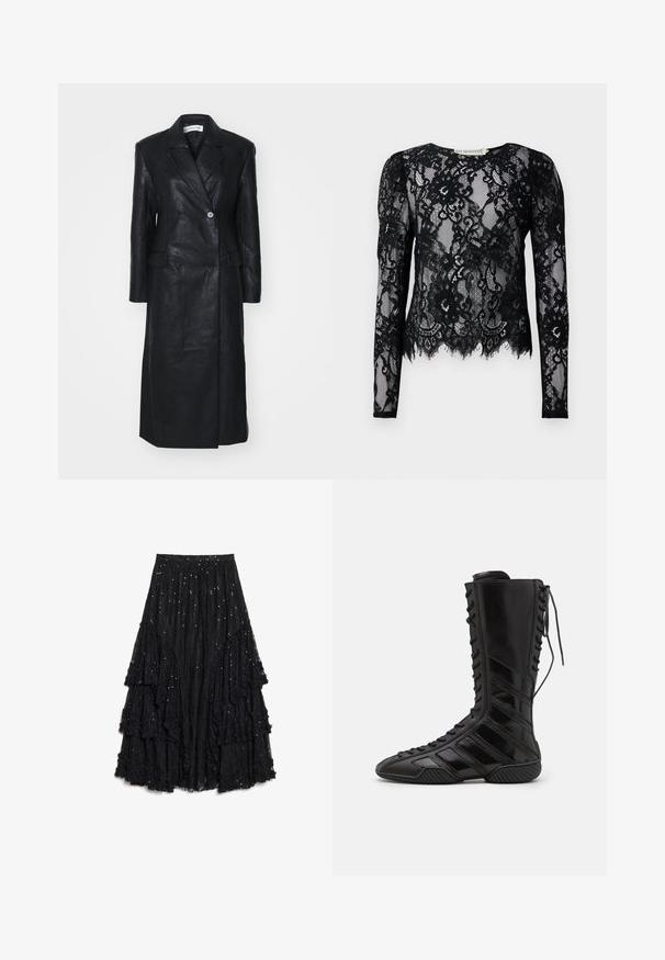 Schwarze Lederjacke mit doppeltreihigem Design, Reverskragen, Fronttaschen und einer glatten Textur. Vollständig in Länge und mit gerader Silhouette.; Schwarze Langarm-Spitzenbluse mit Blumenmustern, gewelltem Saum und rundem Halsausschnitt.; Schwarzer, geschichteter Rock aus strukturierter Spitze, mit Stufen und ausgefranstem Saum sowie verstreuten Pailletten als zusätzliche Details.; Schwarze High-Top-Stiefel aus glänzendem synthetischem Material, mit einem aufwändigen Schnürdesign und diagonalen Streifenakzenten an den Seiten.