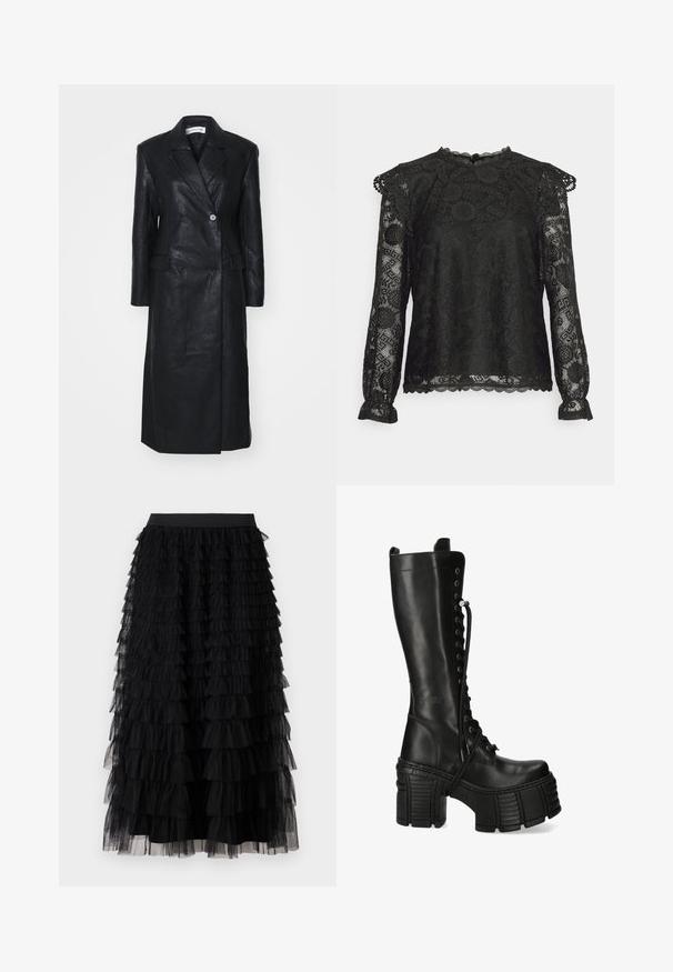 Schwarze Lederjacke mit doppeltreihigem Design, Reverskragen, Fronttaschen und einer glatten Textur. Vollständig in Länge und mit gerader Silhouette.; Pieces Petite PCOLLINE - Langarmshirt - black; Vero Moda VMNAJA Mid waist Long - Maxirock - black; Hoher schwarzer Leder-Plateaustiefel mit dicker Grippsohle, Blockabsatz und vorderer Schnürung.