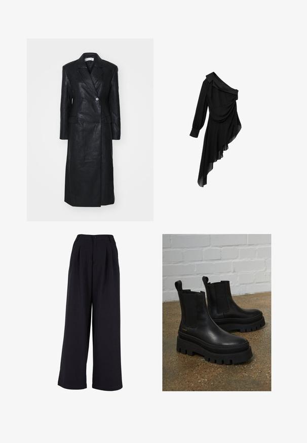 Sort læderfrakke med dobbelt-knappet design, Nashville krave, for-lommer og en glat tekstur. Hel længde med en lige silhuet.; Sort kjole lavet af let stof, med design med én skulder, draperet front, langærmet og asymmetrisk kant.; Bredde bukser i sort stof med frontpliser, knaplukning og en glat overflade. Skræddersyet design med høj talje.; Sort læder ankelstøvler med elastiske sidepaneler, tykke sorte platformssåler og syninger, der har en løftesanordning for nem påtagning.