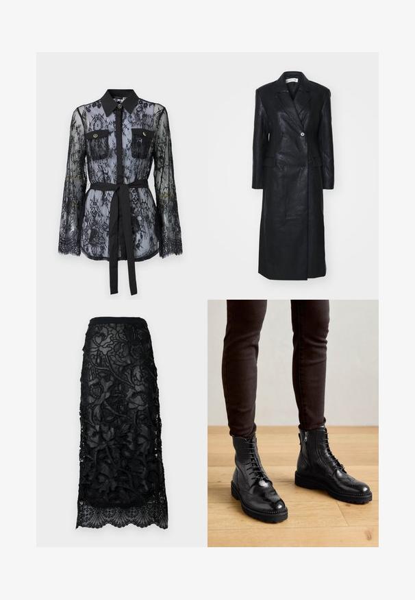 Abrigo de cuero negro con diseño de doble botonadura, solapas muescas, bolsillos frontales y una textura suave. De longitud completa y con una silueta recta.; Blusa de encaje negro con mangas largas, bolsillos en el pecho con botón, cuello clásico y un cinturón de tela atado a la cintura. Diseño transparente.; Falda negra de encaje con intrincados bordados florales, una cintura ajustada y un dobladillo con forma de ondas. Capa superior transparente con detalles texturizados.; Botas negras de cuero hasta el tobillo con detalles de brogue, cordones en la parte delantera, cremalleras laterales y suelas de goma texturizadas. Combinadas con pantalones oscuros de corte slim.