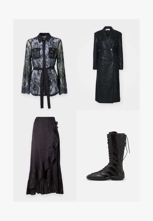 Schwarze Lederjacke mit doppeltreihigem Design, Reverskragen, Fronttaschen und einer glatten Textur. Vollständig in Länge und mit gerader Silhouette.; Schwarze Spitzenbluse mit langen Ärmeln, knöpfbaren Brusttaschen, klassischem Kragen und einem Stoffgürtel, der an der Taille gebunden ist. Transparenter Design.; Schwarzer Satinrock mit gekräuseltem Saum und seitlichen Details. Strukturierter Leopardenmuster sorgt für visuelles Interesse. Lange, fließende Silhouette.; Schwarze High-Top-Stiefel aus glänzendem synthetischem Material, mit einem aufwändigen Schnürdesign und diagonalen Streifenakzenten an den Seiten.