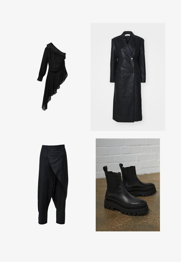 Manteau en cuir noir avec un design croisé, des revers crantés, des poches avant et une texture lisse. Longueur complète avec une silhouette droite.; Robe noire en tissu fluide, avec un design asymétrique à une épaule, un devant drapé, une longue manche et un ourlet inégal.; Pantalon noir court avec un devant drapé, fabriqué en tissu lisse. Caractérisé par une taille ajustée et des jambes fuselées.; Bottines en cuir noir avec des panneaux élastiques sur les côtés, semelles épaisses en plateforme noire et détails de couture, dotées d'une languette au dos pour un enfilage facile.