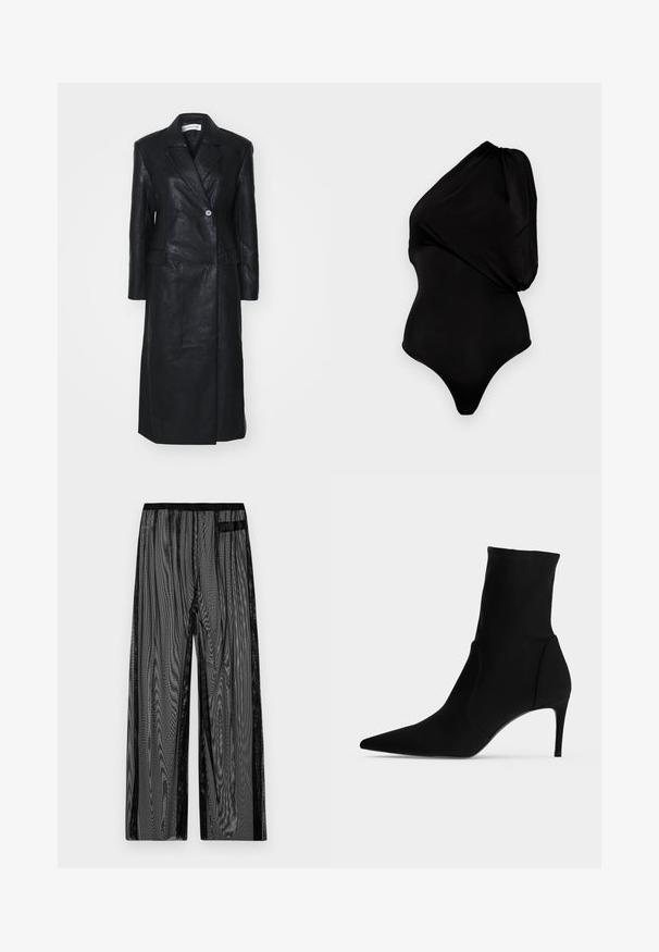 Sort læderfrakke med dobbelt-knappet design, Nashville krave, for-lommer og en glat tekstur. Hel længde med en lige silhuet.; Sort one-shoulder bodystocking lavet af glat materiale, med en draperet design og tætsiddende silhuet med højt skåret ben.; Sorte mesh bukser med vidde ben, der har en sort elastisk talje og sidelommer. Tekstiler, letvægtsstof.; Sort ankelstøvle med spids tå og slank høj hæl, vist i profil på en lys baggrund. Elegant, minimalistisk design.