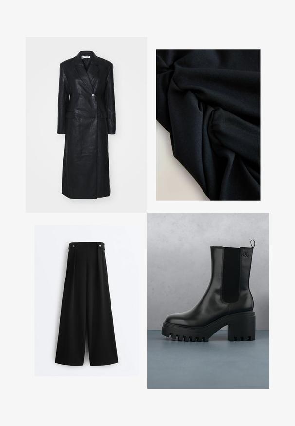 Manteau en cuir noir avec un design croisé, des revers crantés, des poches avant et une texture lisse. Longueur complète avec une silhouette droite.; Tissu noir avec texture et plis visibles, créant des ombres et des reflets doux sur une surface de couleur claire.; Pantalon large noir taille haute avec pattes à boutons à la taille et devant lisse, présenté sur un fond blanc.; Bottines en cuir noir avec bout rond, semelle épaisse, et accents en maille sur les côtés. Comprend une languette à l'arrière pour un enfilage facile.