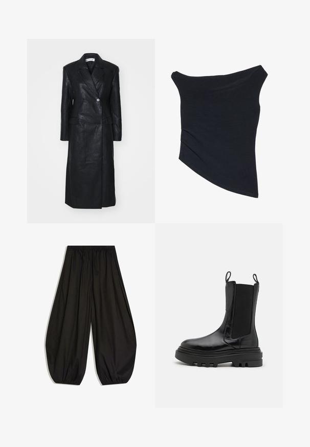 Sort læderfrakke med dobbelt-knappet design, Nashville krave, for-lommer og en glat tekstur. Hel længde med en lige silhuet.; Sort, off-shoulder top med en tætsiddende design, asymmetrisk kant og blød, glat tekstur. Den har samlet stof ved halsudskæringen.; Sorte vidde bukser med elastisk talje og samlede elastiske manchetter, lavet af let stof.; Sorte ankelstøvler med en blank læderfinish, elastiske sidepaneler, trækflapper og en tyk, tekstureret gummisål. Kraftigt design, slank silhuet.