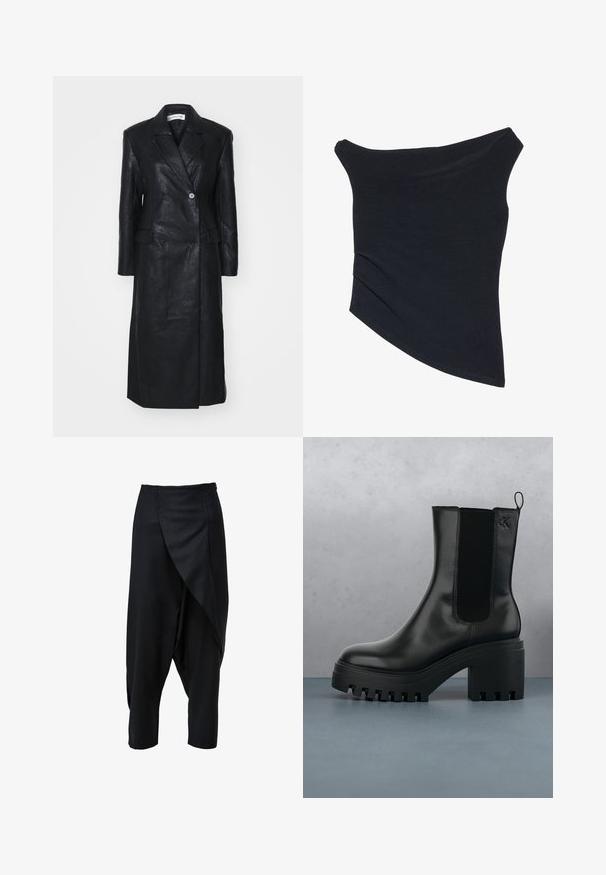 Schwarze Lederjacke mit doppeltreihigem Design, Reverskragen, Fronttaschen und einer glatten Textur. Vollständig in Länge und mit gerader Silhouette.; Schwarzes, schulterfreies Oberteil mit einer figurschmeichelnden Passform, asymmetrischem Saum und weicher, glatter Textur. Es verfügt über gerafften Stoff am Ausschnitt.; Schwarze, kürzere Hosen mit einem drapierten Frontdesign aus glattem Stoff. Verfügen über eine taillierte Taille und schmal zulaufende Beine.; Schwarze Leder-Stiefelette mit runder Zehenform, chunky Plateausohle und Netzseiteneinsätzen. Verfügt über eine Zuglasche für einfaches An- und Ausziehen.