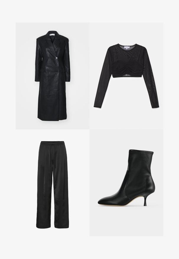 Sort læderfrakke med dobbelt-knappet design, Nashville krave, for-lommer og en glat tekstur. Hel længde med en lige silhuet.; Sort langærmet crop top lavet af gennemsigtig mesh-stof, med en samlet bustedetalje og et tætsiddende design. Etiketmærket er synligt ved halsen.; Sort brede bukser lavet af glat, skinnende stof. Har en elastisk talje med snoretræk for justerbar pasform.; Sort læderankelstøvle med spids tå og slank mellemhøj hæl, vist i profil på en lys baggrund.