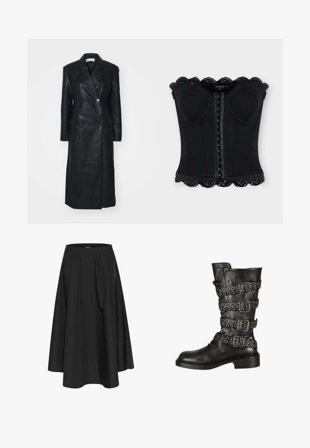 Abrigo de cuero negro con diseño de doble botonadura, solapas muescas, bolsillos frontales y una textura suave. De longitud completa y con una silueta recta.; Corsé negro sin tirantes con cierre frontal de ganchos, copas moldeadas y ribete de encaje festoneado en los bordes superior e inferior.; Falda negra hasta la rodilla con cintura elástica, con pliegues para dar volumen y una textura suave. Diseño simple y clásico sin adornos.; Bota de cuero negro hasta la rodilla con múltiples hebillas y ojetes plateados, con punta redonda y un tacón bajo en bloque. Acabado texturizado.
