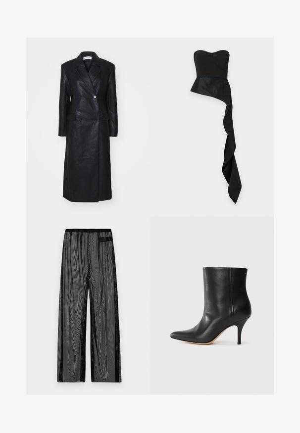 Sort læderfrakke med dobbelt-knappet design, Nashville krave, for-lommer og en glat tekstur. Hel længde med en lige silhuet.; Sort strapless top med en tætsiddende liv, en flagrende nederste del og en lang, draperet, asymmetrisk søm. Glat, mat tekstur igennem.; Sorte mesh bukser med vidde ben, der har en sort elastisk talje og sidelommer. Tekstiler, letvægtsstof.; Sort læder ankelstøvle med spids tå, slank stiletthæl og glat tekstur. Minimalistisk design uden synligt hardware eller accenter.