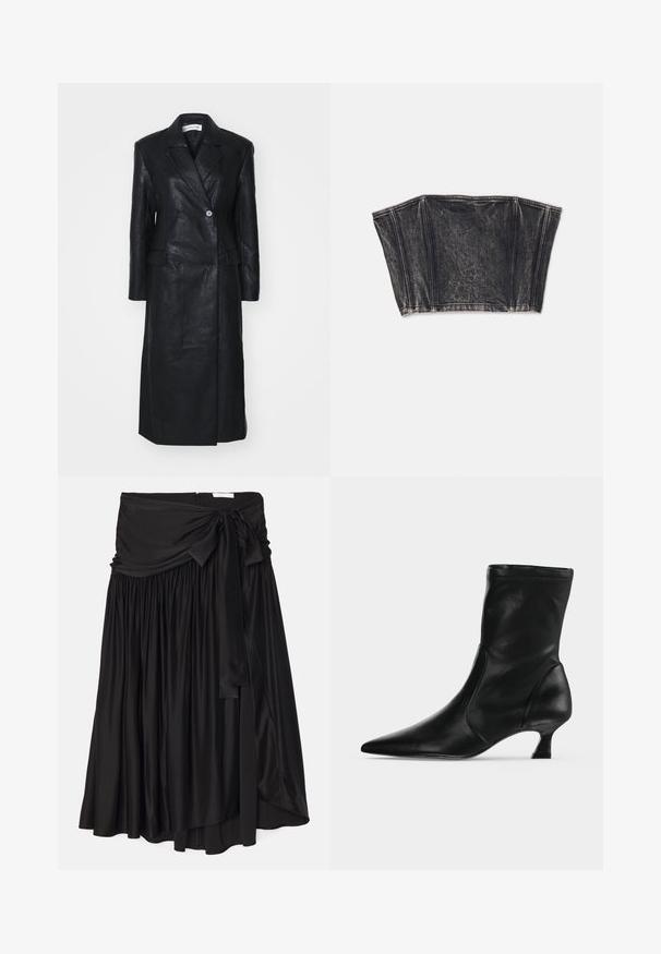 Sort læderfrakke med dobbelt-knappet design, Nashville krave, for-lommer og en glat tekstur. Hel længde med en lige silhuet.; Sort denim bustier med struktureret design, der har lodrette sømme og en tætsiddende, cropped form. Tekstureret overflade med subtil fading.; Sort nederdel lavet af glat, flydende stof; har en bred, draperet talje med en snøre og plisserede detaljer for en luftig form.; Sort læderstøvle til midt på læggen med spids tå og lav kittenhæl, vist fra siden på en ensartet lys baggrund.