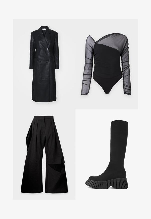 Manteau en cuir noir avec un design croisé, des revers crantés, des poches avant et une texture lisse. Longueur complète avec une silhouette droite.; Bodysuit noir avec de longues manches en maille transparente. Présente une texture froncée sur le corps, un décolleté asymétrique et une coupe thong.; Pantalon noir à jambes larges avec des plis à la taille et un panneau de tissu superposé sur la jambe droite.; Bottes noires montantes avec une semelle à plateforme nervurée et une partie supérieure texturée. Design élégant et ajusté avec un bout arrondi et sans quincaillerie visible.