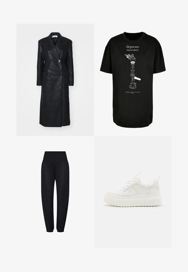 Abrigo de cuero negro con diseño de doble botonadura, solapas muescas, bolsillos frontales y una textura suave. De longitud completa y con una silueta recta.; Camiseta de algodón negra con un diseño gráfico blanco de una máquina de espresso y una taza de café, acompañado de un texto explicativo que define "depresso" como un término juguetón.; Pantalones negros de tiro alto con cintura fruncida y puños elásticos recogidos, ajuste suelto en las caderas y piernas estrechas.; Zapatillas blancas de cuero con suela gruesa, diseño de cordones y una marca sutil. Presentan una textura suave y punta redonda.