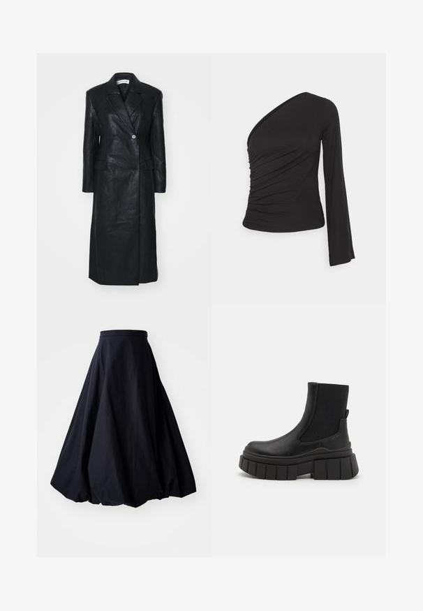 Schwarze Lederjacke mit doppeltreihigem Design, Reverskragen, Fronttaschen und einer glatten Textur. Vollständig in Länge und mit gerader Silhouette.; Asymmetrisches langärmliges Oberteil in Schwarz, mit geraffter Seitenpartie für Textur und einer figurbetonten Silhouette. Hergestellt aus weichem, dehnbarem Material.; By Malene Birger AUBREY - Maxirock - black; Schwarze Knöchelstiefel aus glattem Leder mit elastischen Seitenpaneelen, einer klobigen Plateausohle und einem strukturierten Profilmuster.