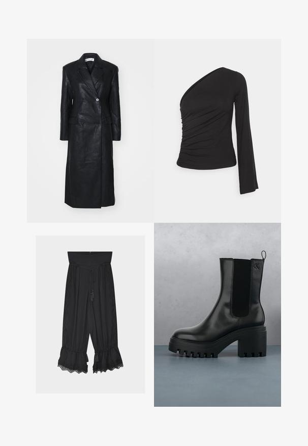 Schwarze Lederjacke mit doppeltreihigem Design, Reverskragen, Fronttaschen und einer glatten Textur. Vollständig in Länge und mit gerader Silhouette.; Asymmetrisches langärmliges Oberteil in Schwarz, mit geraffter Seitenpartie für Textur und einer figurbetonten Silhouette. Hergestellt aus weichem, dehnbarem Material.; Schwarze Hose mit weitem Bein, hoher Taille, Kordelzug, Spitzenbesatz an den Seiten und gerüschten Säumen mit Quasten am unteren Rand.; Schwarze Leder-Stiefelette mit runder Zehenform, chunky Plateausohle und Netzseiteneinsätzen. Verfügt über eine Zuglasche für einfaches An- und Ausziehen.