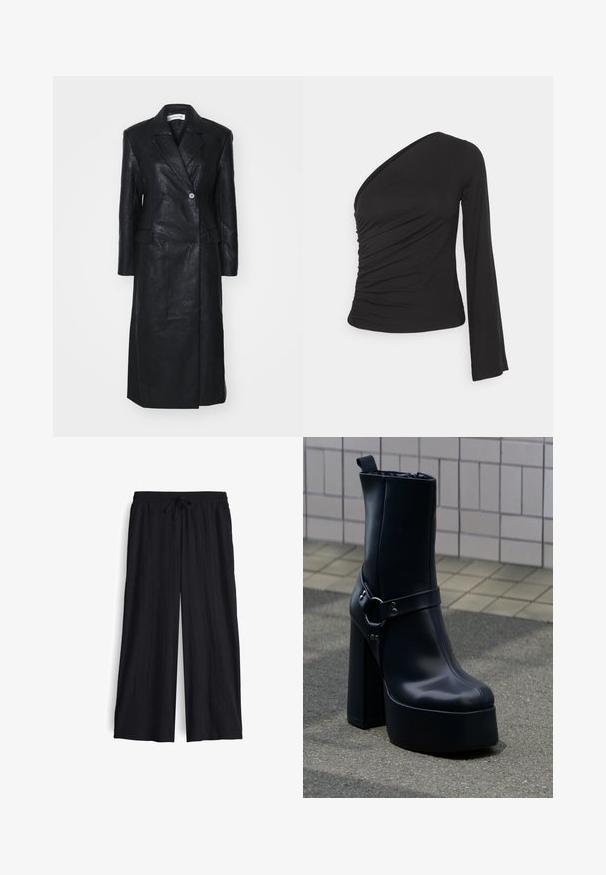 Schwarze Lederjacke mit doppeltreihigem Design, Reverskragen, Fronttaschen und einer glatten Textur. Vollständig in Länge und mit gerader Silhouette.; Asymmetrisches langärmliges Oberteil in Schwarz, mit geraffter Seitenpartie für Textur und einer figurbetonten Silhouette. Hergestellt aus weichem, dehnbarem Material.; Schwarze weit geschnittene Hose aus strukturiertem Stoff mit elastischem Taillenbund und verstellbarem Kordelzug. Hat eine lockere Passform und keine Taschen.; Schwarzer Plateau-Stiefelette aus Leder mit klobigem hohem Absatz und dekorativem Riemen, auf grauem Pflaster vor gefliester Wand platziert.
