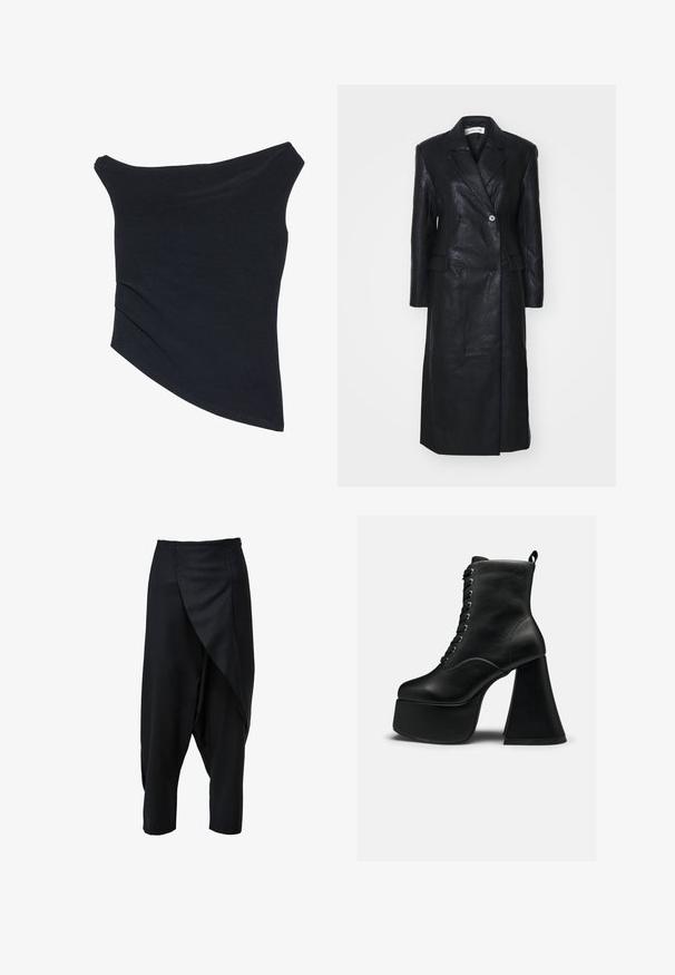 Zwarte leren jas met een dubbele knopenontwerp, ingerichte revers, voorkleurzakken en een soepele textuur. Volledige lengte met een rechte silhouet.; Zwarte off-shoulder top met een fitted ontwerp, asymmetrische zoom en een zachte, gladde textuur. Het heeft gatherstof bij de halslijn.; Zwarte cropped broek met een gedrapeerd voorpand, gemaakt van gladde stof. Heeft een aansluitende tailleband en taps toelopende pijpen.; Zwarte platform enkellaars met veters aan de voorkant, brede blokhak, glad leer en trekhaak aan de achterkant.