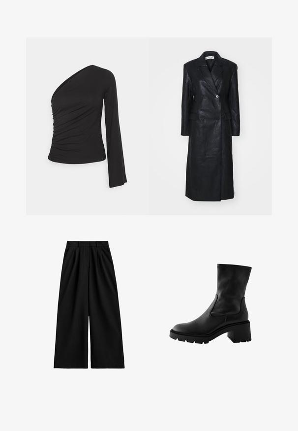 Sort læderfrakke med dobbelt-knappet design, Nashville krave, for-lommer og en glat tekstur. Hel længde med en lige silhuet.; Asymmetrisk langærmet top i sort, med en sammensamlet side for tekstur og en tætsiddende silhuet. Lavet af blødt, strækbart materiale.; Sorte bukser med vide ben og høj talje, udstyret med bæltestropper, frontplisseringer og en ren, glat stoffinish.; Sort ankelstøvle lavet af glat læder med en kraftig blokhælhæl, elastiske sideskaller og en tekstureret gummisål.