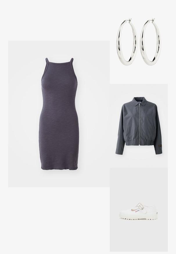Chaqueta bomber a cuadros grises, de tejido ligero, con cierre de cremallera, cuello, dobladillo elástico, bolsillos laterales y detalle de logo en contraste en la manga.; Vestido bodycon acanalado en púrpura oscuro, con tirantes finos y una silueta ajustada, confeccionado en un tejido de punto elástico.; Zapato Mary Jane de lona blanca con suela gruesa y con dibujo, y hebilla plateada, con una pequeña etiqueta "Superga" en el lateral.; Pendientes de aro de plata con una superficie lisa y reflectante. Forma redonda y grande con un cierre seguro en la parte superior. El acabado pulido resalta el brillo.