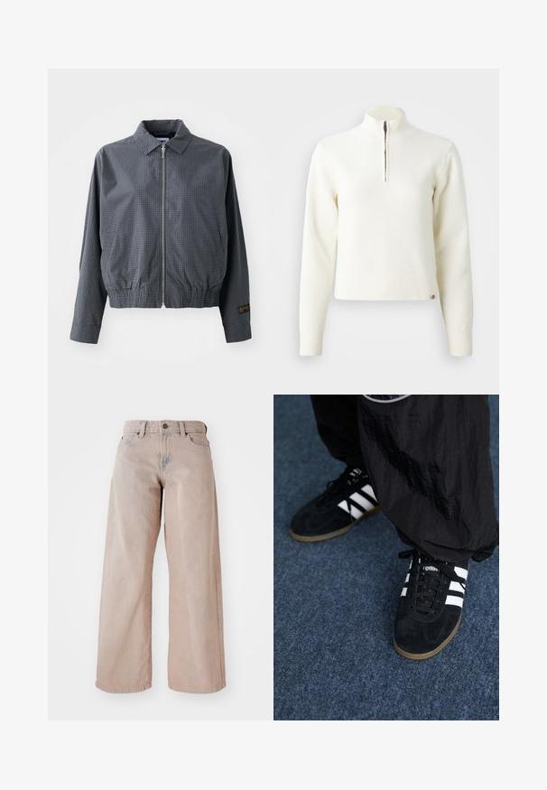 Sivá károvaná bomber bunda, ľahký materiál, zips, golier, elastický lem, bočné vrecká a kontrastný detail loga na rukáve.; Biely sveter s dlhými rukávmi a zipsom pri krku. Vyrobený z mäkkej pleteniny, so žebrovanými manžetami a lemom. Prenikajúce logo značky na leme.; Béžové široké džínsy s vysokým pásom, päť vrecový design a zapínanie na gombík. Textília má jemnú štruktúru a mierne vyblednutie vpredu.; Čierne roháčiky z semišu so tromi bielymi pruhmi a čiernymi šnúrkami. Texturované čierne nohavice sú čiastočne viditeľné vedľa topánok.