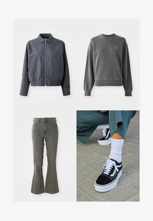 Sivá károvaná bomber bunda, ľahký materiál, zips, golier, elastický lem, bočné vrecká a kontrastný detail loga na rukáve.; Šedý pulóver vyrobený z hladkej zmesi bavlny, s okrúhlym výstrihom, rebrovanými manžetami a malou logom nášivkou na ľavej hrudi.; Široké šedé džíny s vysokým pásom, pútka na opasok, piatimi vreckami a mäkkým, textúrovaným povrchom.; Čierne semišové tenisky s bielymi akcentmi a šnúrkami, s hrubou bielou podrážkou a kontrastným prešívaním, doplnené o bielu ponožku.
