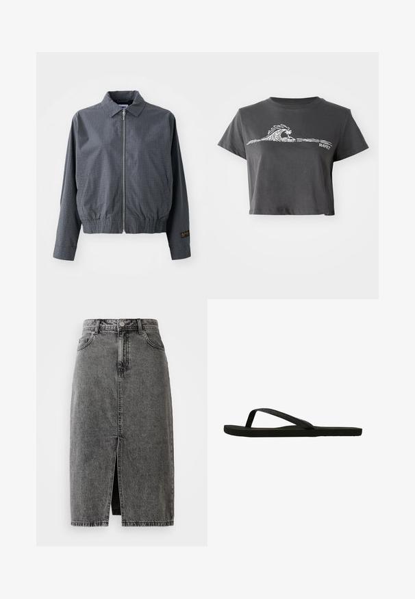 Sivá károvaná bomber bunda, ľahký materiál, zips, golier, elastický lem, bočné vrecká a kontrastný detail loga na rukáve.; Tmavošedé skrátené tričko s bielou štýlizovanou vlnou, grafikou palmovej palmy a textom "ROXY" na prednej strane.; Vysoký pás, vyblednutá čierna denimová midi sukňa s predným rozparkom, pútkami na opasok a klasickým päťvreckovým dizajnom.; Čierne žabky s textúrovaným popruhom a plochou podrážkou. Popruh má jemný lesk. Jednoduchý dizajn, ľahké a flexibilné tvar.
