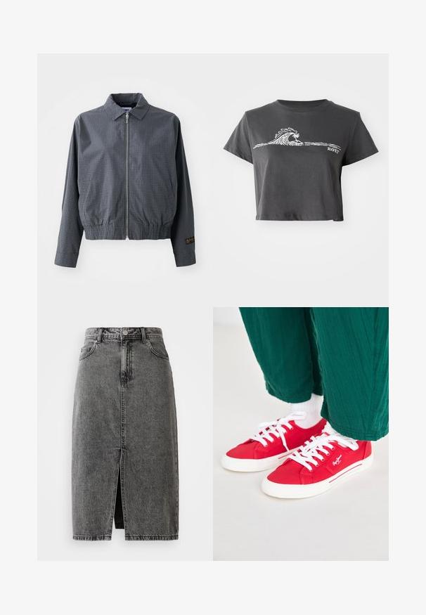 Grijze geruite bomberjack, lichtgewicht stof, ritssluiting, kraag, elastische zoom, zijzakken en contrasterend logo detail op de mouw.; Donkere grijze cropped T-shirt met een witte gestileerde golf, palmboom grafiek en "ROXY" tekst op de voorkant.; Hoge taille, vervaagde zwarte denim midi-jurk met een split aan de voorkant, riemlussen en een klassieke vijf-pocket ontwerp.; Rode canvas sneakers met witte veters, voorzien van een witte rubberen zool en gestreepte accenten aan de zijkant. Draagt met groene gestructureerde broek en witte sokken.