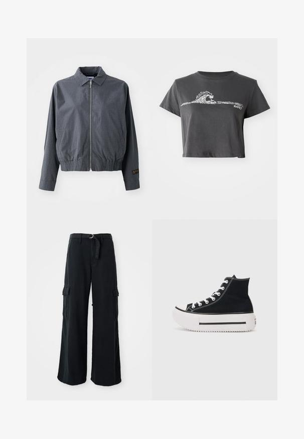 Sivá károvaná bomber bunda, ľahký materiál, zips, golier, elastický lem, bočné vrecká a kontrastný detail loga na rukáve.; Tmavošedé skrátené tričko s bielou štýlizovanou vlnou, grafikou palmovej palmy a textom "ROXY" na prednej strane.; Čierne široké nohavice cargo vyrobené z bavlny s viazacím pásom, s dvoma bočnými vreckami a hladkou textúrou látky.; Čierne vysoké tenisky vyrobené z plátna, s bielym šitím, gumenou špičkou, hrubou bielou platformou a čiernym pruhom.
