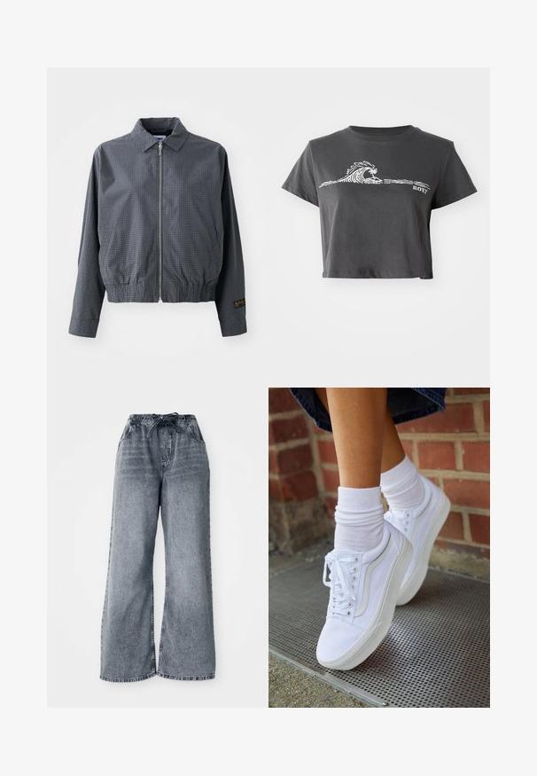 Grijze geruite bomberjack, lichtgewicht stof, ritssluiting, kraag, elastische zoom, zijzakken en contrasterend logo detail op de mouw.; Donkere grijze cropped T-shirt met een witte gestileerde golf, palmboom grafiek en "ROXY" tekst op de voorkant.; Grijze wijde denim broek met een elastische tailleband, trekkoordsluiting en zijzakken. Vervaagde textuur over de stof.; Witte canvas sneakers met rubberen zolen, voorzien van zes vetertjes, een ronde neus en lichte stikdetails, gecombineerd met witte enkelsokken.