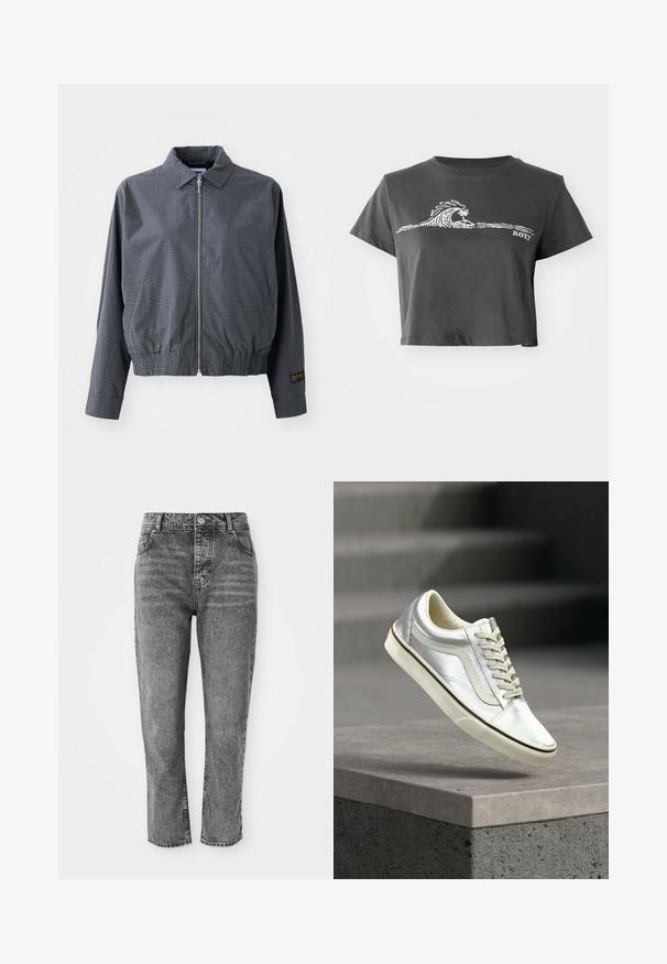 Γκρι καρό bomber jacket, ελαφρύ ύφασμα, κλείσιμο με φερμουάρ, γιακάς, ελαστική μέση, πλαϊνές τσέπες και αντίθετη λεπτομέρεια λογότυπου στο μανίκι.; Σκούρο γκρι κοντομάνικο μπλουζάκι με λευκή καλλιτεχνική απεικόνιση κυμάτων, φοίνικα και το κείμενο "ROXY" μπροστά.; Γκρίζα τζιν παντελόνια με ψηλή μέση, ίσια γραμμή, διαθέτοντας μπροστινές τσέπες και μία μικρή μεταλλική λεπτομέρεια στο λάστιχο της μέσης.; Φωτεινό ασημί χαμηλό αθλητικό παπούτσι με λευκά κορδόνια και σόλα, που αιωρείται πάνω από μια τσιμεντένια άκρη με θολές σκάλες στο φόντο.