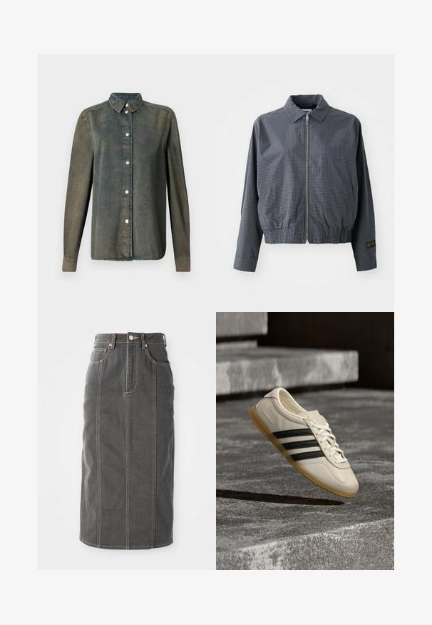 Grijze geruite bomberjack, lichtgewicht stof, ritssluiting, kraag, elastische zoom, zijzakken en contrasterend logo detail op de mouw.; Donkergroene denim overhemden met een knoopsluiting aan de voorkant, puntige kraag, lange mouwen en zilveren knopen, gemaakt van een zachte, gekreukte stof.; Grijze denim midi-jurk met een rechte snit, vijf zakken en oranje stikken langs de naden. Heeft een knoopsluiting aan de voorkant en riemlussen.; Witte sneaker met zwarte strepen en rubberen zool zwevend boven betonnen trap in zacht daglicht.