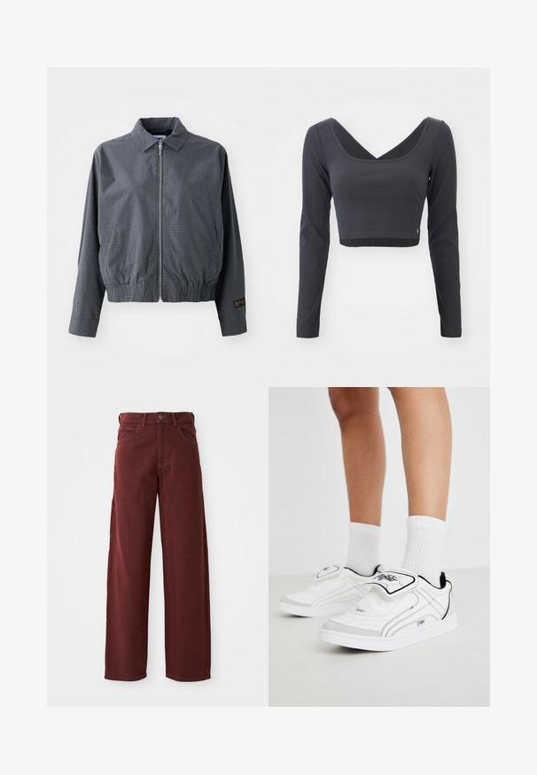 Γκρι καρό bomber jacket, ελαφρύ ύφασμα, κλείσιμο με φερμουάρ, γιακάς, ελαστική μέση, πλαϊνές τσέπες και αντίθετη λεπτομέρεια λογότυπου στο μανίκι.; Μακριά μανίκια, cropped top σε σκούρο γκρι ριγέ ύφασμα. Διαθέτει βαθύ V ντεκολτέ και ομοιόχρωμο σχέδιο με μικρό λογότυπο στο στρίφωμα.; Μπορντό παντελόνια με φαρδιά γραμμή φτιαγμένα από βαμβάκι με λεία υφή, διαθέτουν μπροστινό κλείσιμο με κουμπί, βρόχους ζώνης και πολλαπλές τσέπες.; Λευκά αθλητικά παπούτσια με λείο συνθετικό επάνω μέρος, μαύρες λεπτομέρειες και λουράκι με Velcro. Περιλαμβάνουν λευκές ριγέ κάλτσες και έναν απλό σχεδιασμό σόλας.