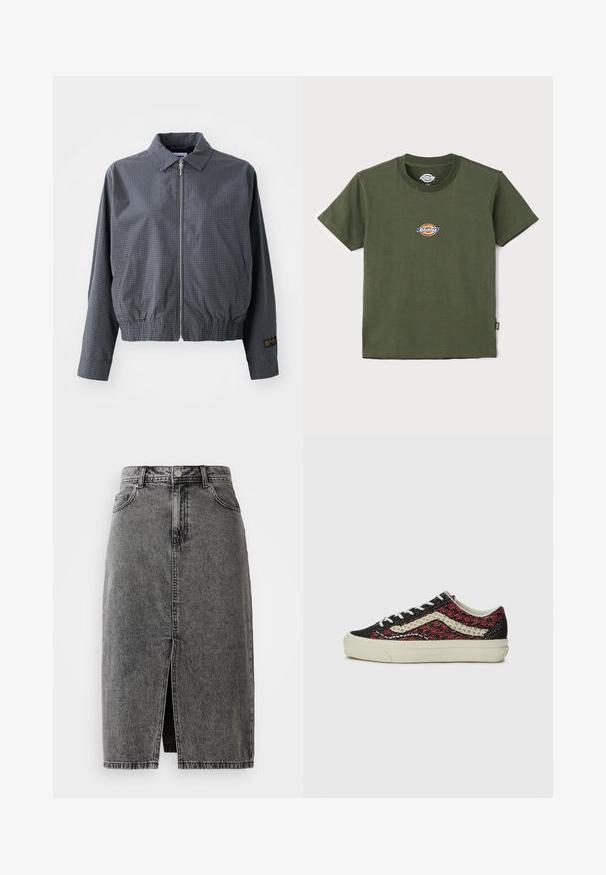 Grå ternet bomberjakke, letvægtsstof, lynlåsclosure, krave, elastisk kant, sidelommer og kontrasterende logo-detalje på ærmet.; Olivenfarvet bomulds t-shirt med rund halsudskæring og korte ærmer. Har et flerfarvet logo-patch på brystet. Glat tekstur.; Højtaljet, falmet sort denim midi-nederdel med en frontslids, bæltesløjfer og klassisk fem-lomme design.; Vans OLD SKOOL 36 UNISEX - Sneakers - bordeaux