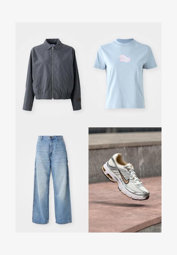 Grå ternet bomberjakke, letvægtsstof, lynlåsclosure, krave, elastisk kant, sidelommer og kontrasterende logo-detalje på ærmet.; Lyseblå bomulds T-shirt med korte ærmer og høj halsudskæring, prydet med et lille pink broderet skaldesign på forsiden.; Lysblå vidde jeans med høj talje, der har sidelommer og en falmet struktur, lavet af denim materiale.; Hvid og sølv Nike løbesko med beige swoosh-logo, vist i luften over en stens overflade med en sløret grå vægbaggrund.